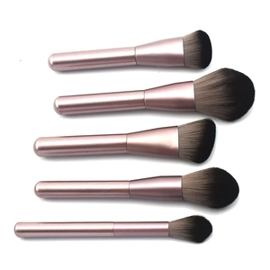 Close-up of five soft pink makeup brushes with gradient bristles on white background
