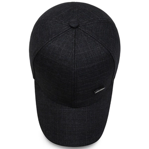 Classic black plaid baseball cap for middle-aged men with textured fabric and metal logo