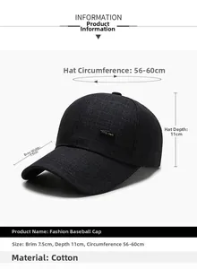 Detailed size specifications for cotton plaid baseball cap with adjustable strap