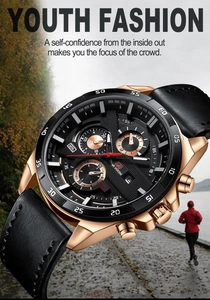 Macro shot of rose gold men's chronograph watch with black leather strap and textured dial