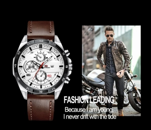 Detail of leather strap business watch with white dial and chronograph multifunctions