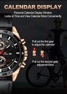 Detail view of men's chronograph watch with black dial and leather strap functionality