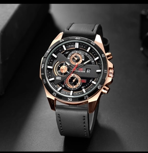 Detailed macro view of the rose gold chronograph dial and black leather strap textures