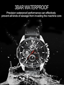 Macro detail of men's waterproof quartz watch showing the 3BAR water resistance feature