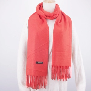 Close-up of red cashmere scarf with fringe details and a black material label