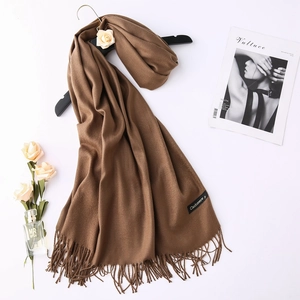 Detailed macro view of a brown cashmere scarf featuring fringe edges and a woven brand label