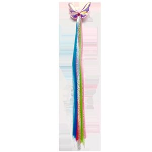 Colorful unicorn hair extension clip with rainbow tinsel and laser-texture butterfly