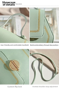 Detailed views of mint green PU leather bag featuring yellow stitching and gold disk lock