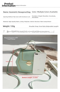Detail of mint green geometric bag with metal ring buckle and knotted strap adjustable design