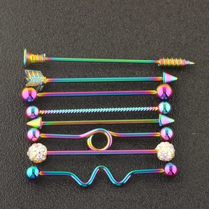 Rainbow industrial barbells set with arrow and screw designs in colorful plated steel