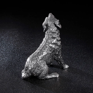 Polished silver stainless steel dog statue featuring detailed metallic fur texture