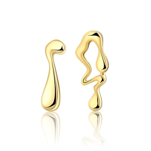 Gold asymmetric liquid metal teardrop stud earrings in minimalist S925 sterling silver