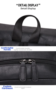 Détail du sac à dos en cuir PU noir avec poignée en nylon et fermetures éclair métalliques