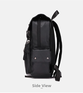 Vue latérale du sac à dos en cuir PU noir montrant la poche latérale et le dos en maille