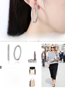 Macro detail of silver hoop earrings with micro-pave white zircon stones for women
