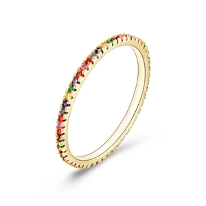 Minimalist S925 sterling silver ring with colorful cubic zirconia stones on white background