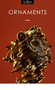 Close-up of golden lion head sculpture showing detailed mane texture and resin craftsmanship