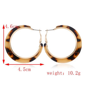 Leopard print acetate C-shape hoop earrings with gold metal accents and size specs