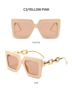 Vues détaillées de lunettes de soleil carrées crème avec branches en métal doré C3