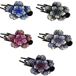 Five assorted rhinestone flower hair clips in vibrant blue and purple gradient colors
