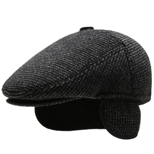 Winter men's flat cap in grey plaid tweed with fold-down earflaps and fleece lining