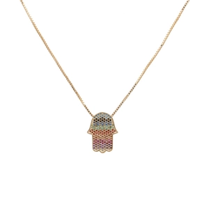 Golden Hamsa necklace with rainbow zircons on a delicate box chain for women