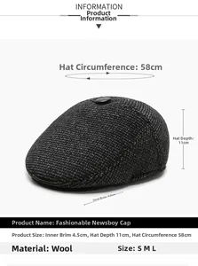 Size chart showing inner rim and depth details for a winter wool blend flat cap