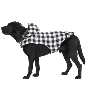 Classic black and white checkered hooded jacket for large dogs worn by a Labrador