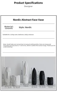 Detailed Nordic abstract face ceramic vases in black and white matte finishes with dimensions