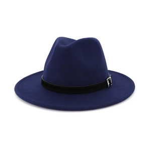 Navy blue wide brim wool fedora hat with a black leather band and silver metal buckle