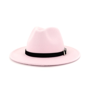 Detailed side view of pink wool jazz fedora with black leather belt and silver buckle