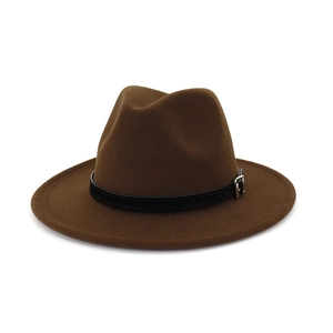 Detail of wool felt fedora featuring a brown finish and a black leather band with buckle