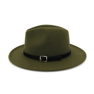 Detail of army green wool fedora hat featuring a black leather band and silver buckle
