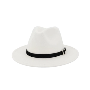 Detail of white wool fedora hat featuring black decorative band and silver metal buckle