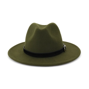Detail view of military green wool fedora hat with flat brim and black leather belt