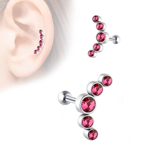 Silver stainless steel curved cartilage stud earring featuring five gradient pink crystals