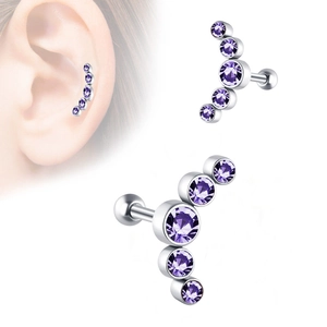 Detail view of silver stainless steel ear bone stud with five gradient purple gems