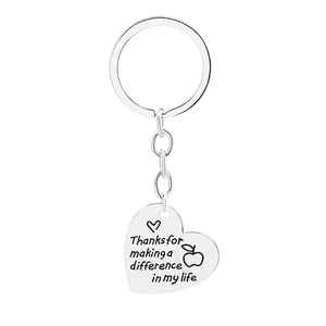 Macro view of silver heart keychain engraved with a gratitude quote for teachers