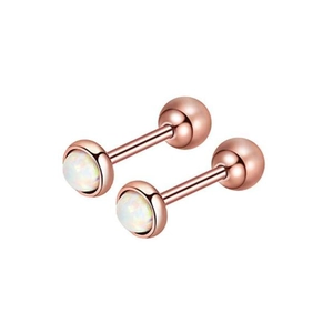 Detail of rose gold stud earrings with white opal stones and secure ball screw backs