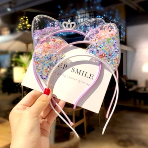 Girls Cute Cat Ear Headband Transparent Quicksand Sequins PVC Heart Star Crown Bow Princess Hair Accessories