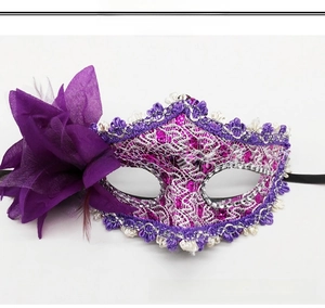 Detail of purple lace masquerade mask with silk roses, sequins, and feather accents