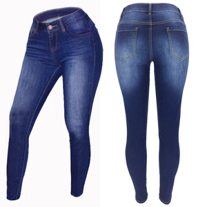 Vue avant et arrière du jean slim taille basse pour femme en denim bleu foncé délavé