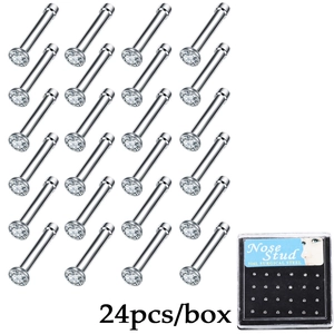 24-piece set of silver 316L surgical steel nose studs with clear crystals in a box