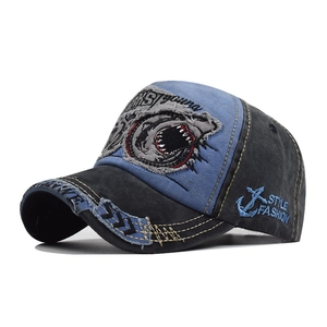 Detail view of the shark patch and retro embroidery on this vintage washed cotton cap