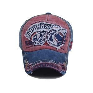 Vintage navy and red washed cotton baseball cap with 3D shark embroidery and distressed details