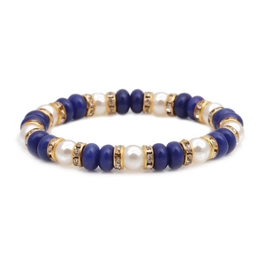 Lapis Lazuli Style Beaded Bracelet With Faux Artificial Pearls And Alloy Rhinestone Spacers For Women Fashion Elastic Jewelry