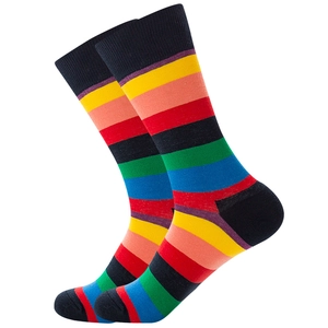 Colorful rainbow striped mid-calf socks with vibrant knit pattern on white background