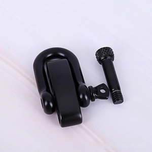 Detail of a matte black 304 stainless steel D-shackle with textured screw pin closure
