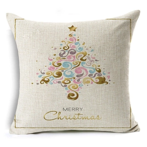 Detailed texture of linen Christmas pillowcase with stylized tree and Merry Christmas print