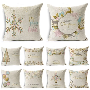 Christmas Pillowcase Linen Square Cushion Cover For Sofa Holiday Home Decor Festive Reindeer Snowflake Pattern Decorative